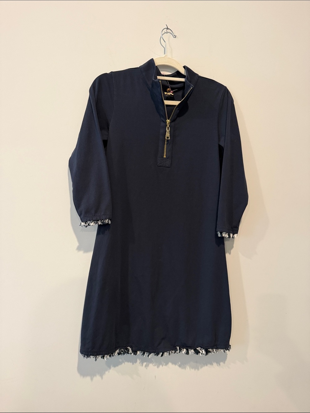 Spartina 449 Navy Blue Zipper Front Shift Mini Dress Fringe Trim Everyday Errand